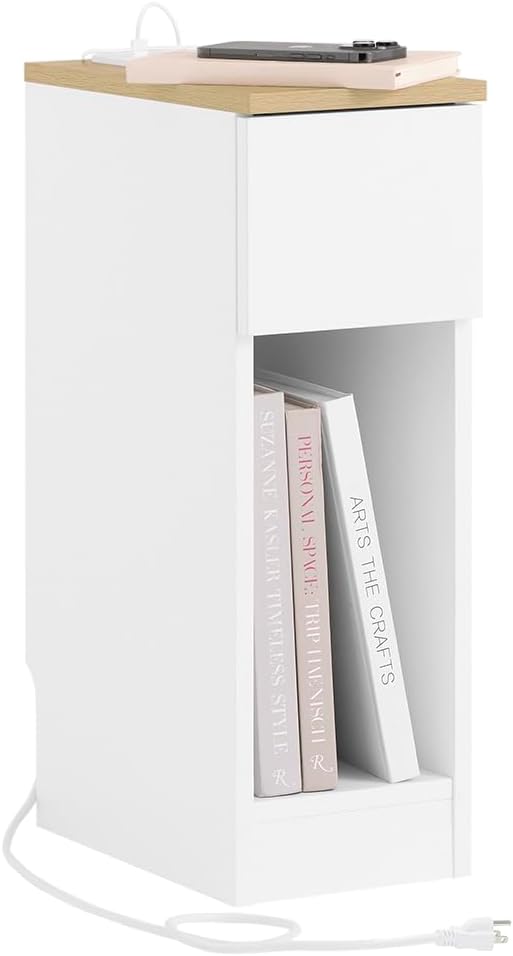 SoBuy Narrow Nightstand with Charging Station, Slim Bedside Table with Drawers, USB & Type-C Ports for Dorm Bedroom and Living Room, White, FBT111-E-WN