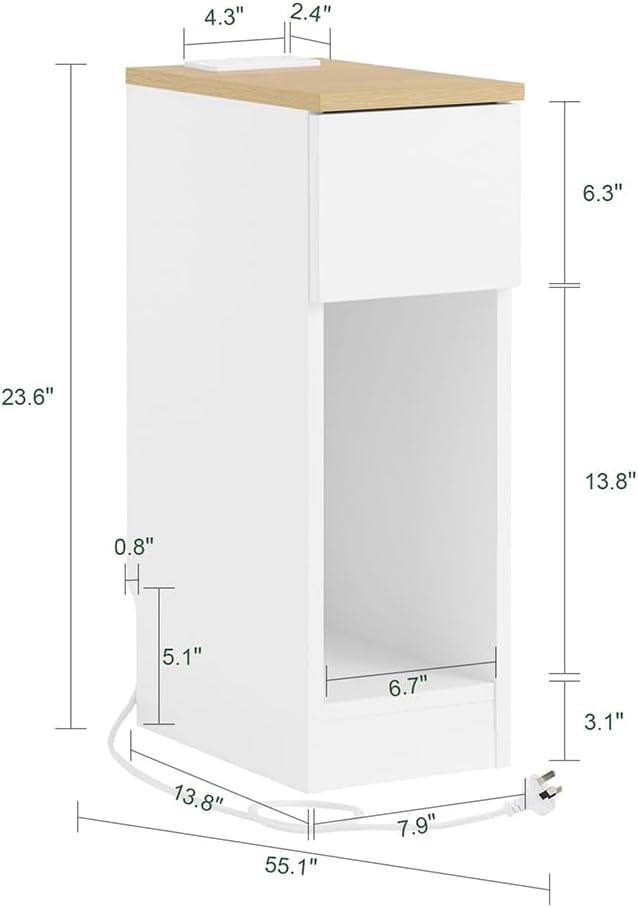 SoBuy Narrow Nightstand with Charging Station, Slim Bedside Table with Drawers, USB & Type-C Ports for Dorm Bedroom and Living Room, White, FBT111-E-WN