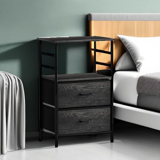 Sorbus Nightstand Dresser with 2 Faux Wood Drawers - Bedside Table Chest with Storage - Bedroom, Living Room, Closet & Dorm Furniture-Lamp Stand - Steel Frame, Wood Top, Easy Pull Fabric Bins