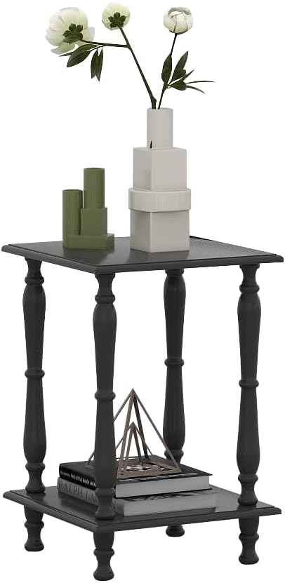 TaoHFE Square Black French Style End Side Table with Open Shelf Retro Vintage 2-Tier Bedside Table for Living Room Small Space