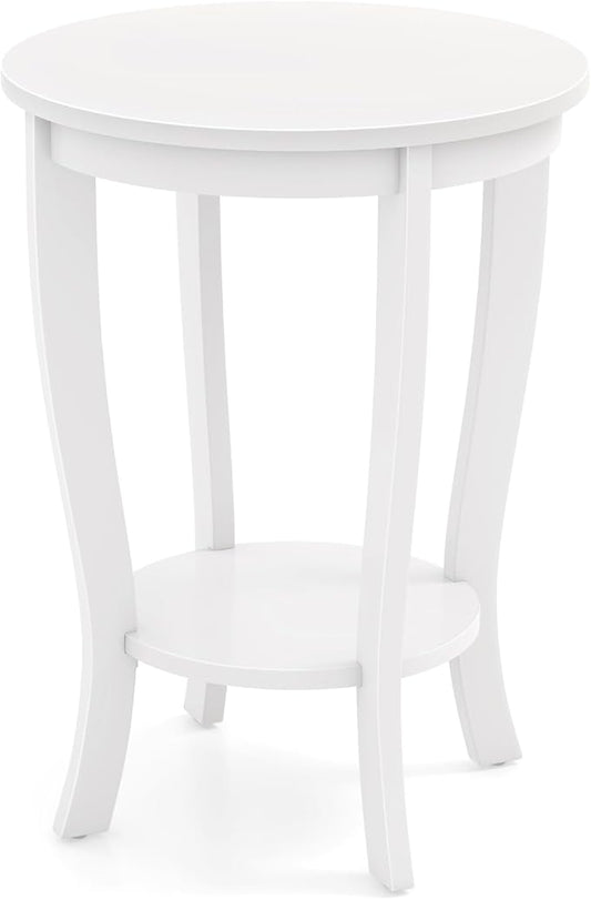 Giantex Round End Table, 2 Tier Side Table with Storage Shelf, Retro Nightstand with Solid Wood Legs, 18" x 18" Accent Table for Corner Small Spaces, Tall Night Stand for Living Room Bedroom, White