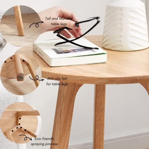 100% Solid Oak Round Side Table, Small Side Table for Small Spaces, 3-Legged Living Room End Tables with Stable Frame for Bedroom Couch Side Entryway, Natural