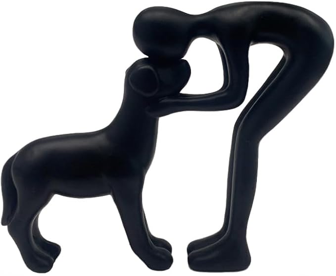 Mingzhang Human and Dog Statue Decoration Cute Black Dog Sculpture Home Decor for Office Living Room Bedroom, Memory Gifts for Pet Lovers Friends Family