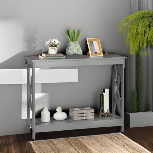 SUPER DEAL Console Table 39.5”, 2-Tier Narrow Sofa Side Table with Storage Shelf, Entrance Table for Hallway/Foyer/Living Room/Corridor/Office, Grey