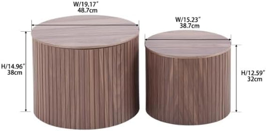 Round Coffee Table Set of 2 for Living Room, Wood Small Nesting Tables with Storage, Circle Side Table, Modern Accent End Table with Moveable Lid for Bedroom,Walnut