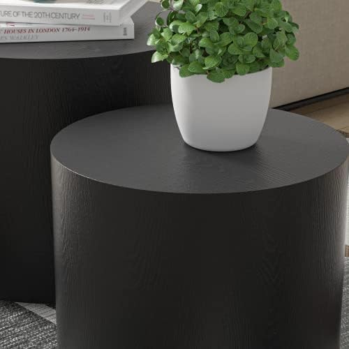 Small Coffee Table Nesting End Table Set of 2, Round Coffee Table Wood Side Table Circle Accent Tables for Small Spaces Living Room Bedroom Balcony Office, Black