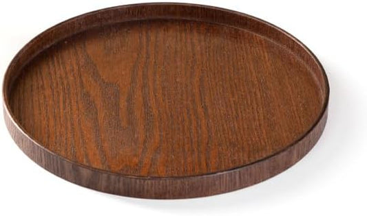 Round Wooden Serving Tray – Rustic Wood Tea Tray for Breakfast, Snacks, Coffee & Home Decor (Dark, 9.45in)