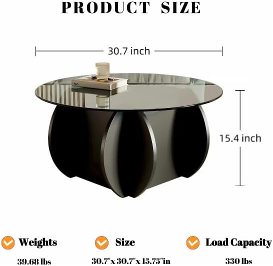 Honyee Round Glass Coffee Table, 30.7" Small Coffee Table with Tempered Glass Top and Wood Grain Base, Modern Circle Coffee Table for Living Room, Easy Assembly, Black