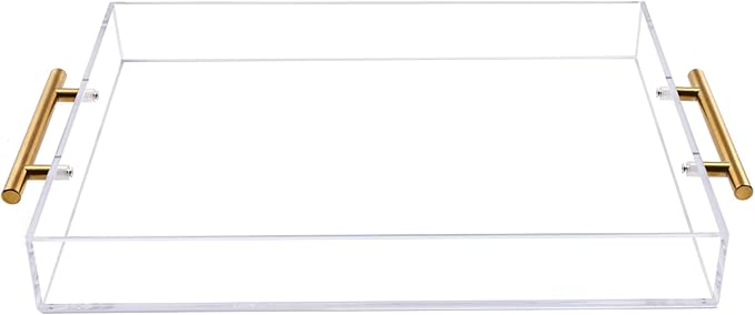 12"x16" Clear Acrylic Serving Tray with Golden Handles, Sturdy Huge Capacity Acrylic Tray for Coffee, Juice, Kitchen and Desk Organizer, Storage Tray (12"x16")