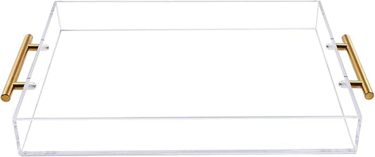 12"x16" Clear Acrylic Serving Tray with Golden Handles, Sturdy Huge Capacity Acrylic Tray for Coffee, Juice, Kitchen and Desk Organizer, Storage Tray (12"x16")