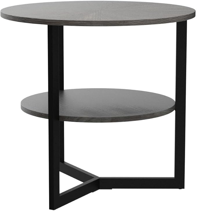 MODERION Large Round End Table with Storage Shelf, Rustic Circular Sofa Side Black Metal Legs, Solid Wood Nightstand, Telephone for Living Room, Bedroom, 25.2''D x 24''H Brushed CJZ1338BK