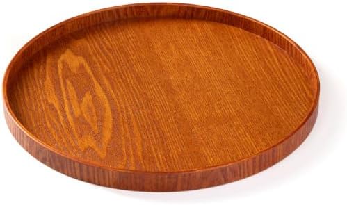 Round Wooden Serving Tray – Rustic Wood Tea Tray for Breakfast, Snacks, Coffee & Home Decor (Brown, 9.45in)