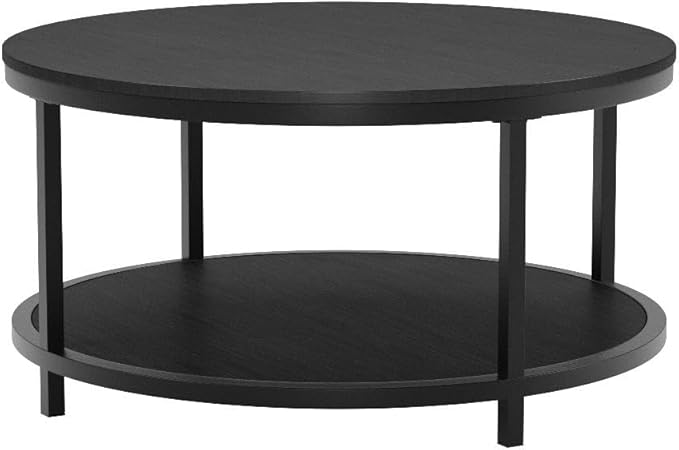 WiberWi Round Coffee Table Black 35.8" Circle Coffee Tables for Living Room Rustic Industrial Design with Sturdy Metal Frame Legs and Open Storage Shelf, Easy Assembly
