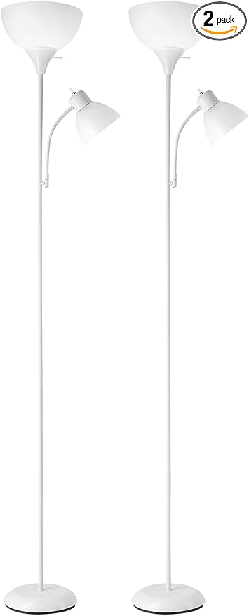 GLOBE Electric 67136 72" Torchiere Floor Lamp with Adjustable Reading Light, Matte White Finish, Frosted Shades, Rotary Switch on Socket, E26 Base (Pack of 2)