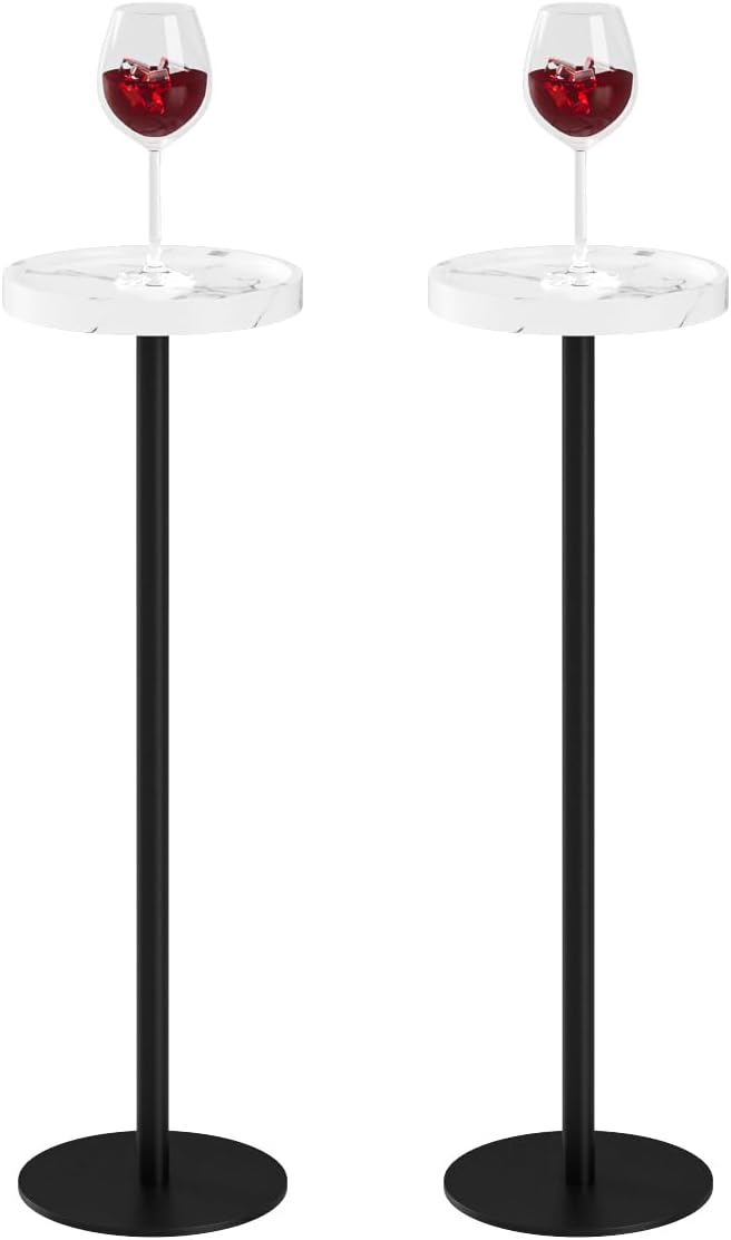 Drink Table, Small Pedestal Side Table, Round Cocktail Table, Circle Accent End Table with Metal Base, for Small Spaces (2, White Marble)