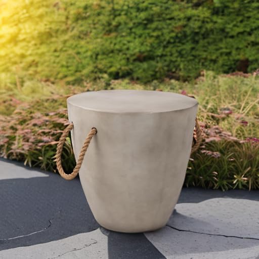 SUNBURY Outdoor Side Table Concrete Side Table, 17" H Small Outdoor Side Table End Table for Patio w Hemp Rope, Ceramic Round Coffee Table Accent Table Garden Outdoor Plant Stands