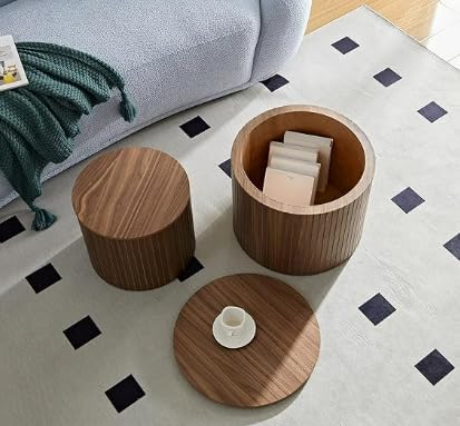 Round Coffee Table Set of 2 for Living Room, Wood Small Nesting Tables with Storage, Circle Side Table, Modern Accent End Table with Moveable Lid for Bedroom,Walnut