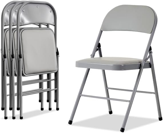 4 Pack Folding Chairs with Padded Seat & Back, Metal Frame Foldable Chairs, Portable & Stackable for Indoor Outdoor, Office, Party, Wedding, Conference, Gray