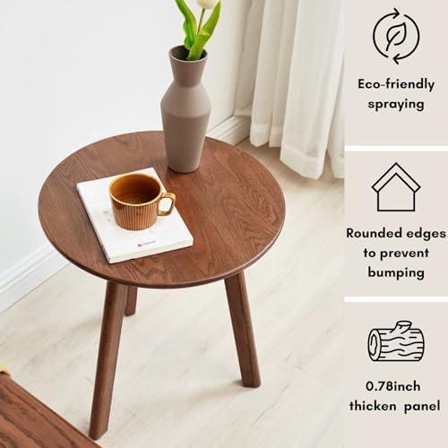 100% Solid Oak Round Side Table, Small Side Table for Small Spaces, 3-Legged Living Room End Tables Set of 2 with Stable Frame for Bedroom Couch Side Entryway, Walnut