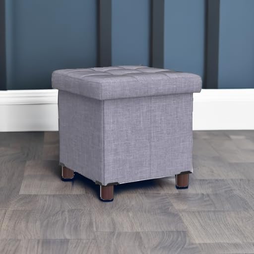 15 Inch Storage Ottoman with Wooden Legs - Cube Foot Rest Stool, Square Footstool, Comfortable Seat with Lid, Foldable Fabric Ottoman, Space-Saving Grey