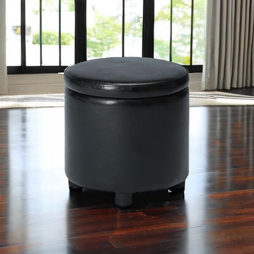 Convenience Concepts Designs4Comfort Round Accent Storage Ottoman in Black Faux Leather Fabric