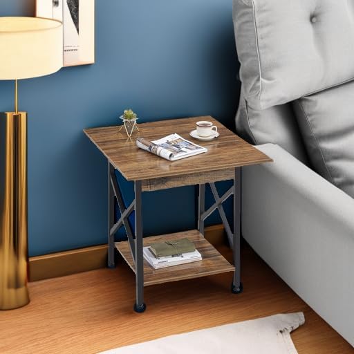 GreenForest End Table 24 inch for Living Room, Large Square Side Tables with X-Frame, Tall Industrial Bedside Nightstand with 2-Tier Storage, Rustic Walnut