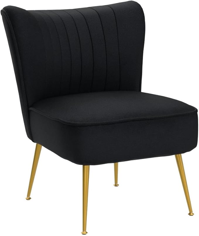 Velvet Accent Chair Set of 2 Comfy Living Room Chair Armless Slipper Chair Mid Century Side Single Sofa Chair with Golden Legs Wingback for Bedroom Guest Room, Black
