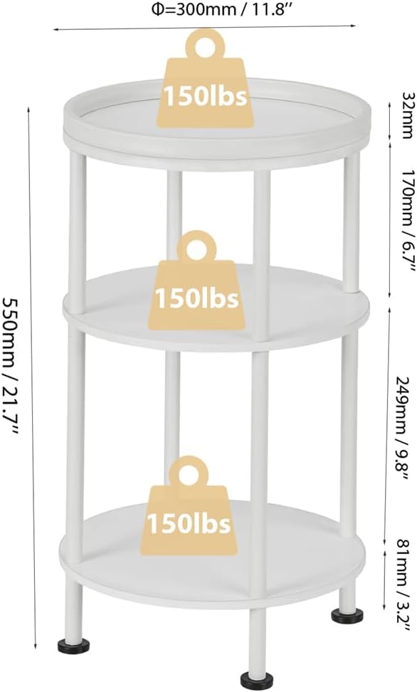 Small White Side Table, Round End Table with Wood Grain Texture, 3-Tier Farmhouse Nightstand for Bedroom & Living Room, 21.7" H Cute Accent Table for Nursery, Bathroom, Small Spaces (Classic, White)