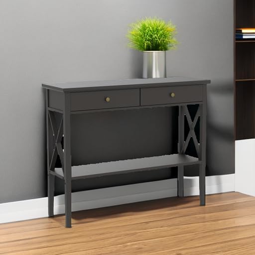 ChooChoo Console Table with Drawers, Narrow Wood Accent Sofa Table Entryway Table with Storage Shelf for Entryway, Front Hall, Hallway, Living Room, Black