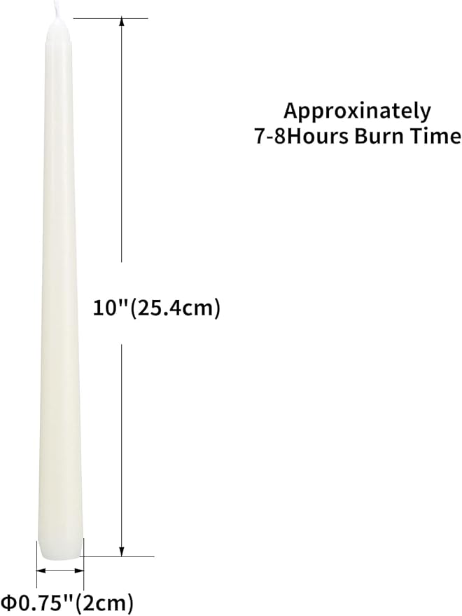 20 Ivory 10 Inch Unscented Smokeless Taper Candles with Cotton Wick, 7+ Hours of Long Lasting Burn, Great for Home Decor & Parties, Dinner, Beautiful Gifts!