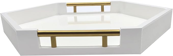 Serving Tray with Polished Metal Handles, Hexagon Coffee Table Tray, Modern Rectangle Decorative Tray, Large Ottoman Tray, Perfect for Storage and Display (White Hexagon)