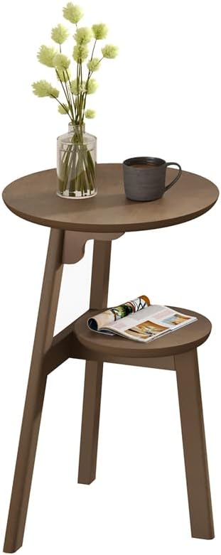 ChooChoo Round End Table for Small Spaces, Narrow Side Table, Accent Table Night Stand with 2 Tier Shelf for Bedroom and Living Room, Walnut