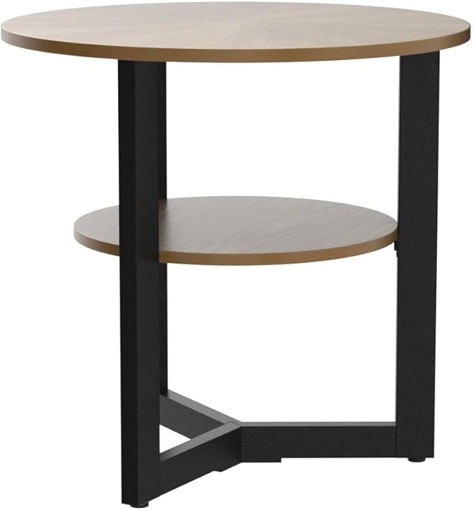 LEEMTORIG Round Side Table, Large 2-Tier End Table Nightstand with Metal Legs, Modern Bedside Couch Table for Living Room, Bedroom, Office, Rustic Natural/Black, 25.2 x 25.2 x 24 inches CJZ-1338