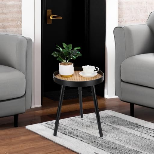 Rattan Round Side Table, Black Small Accent Table, Modern Boho Bedside Mid-Century Patio Side End Tables for Living Room Bedroom Office Balcony