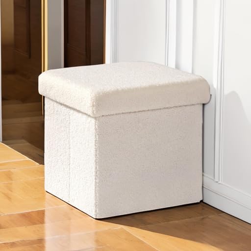 B FSOBEIIALEO Small Storage Ottoman Cube Sherpa Ottomans Foot Rest, Foldable Boucle Ottoman, Faux Teddy Fur, Cream White 12.6"x12.6"x12.6"