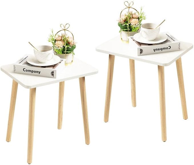 FORAOFUR White End Tables Set of 2, Small Side Tables Accent Tables Living Room, Boho Side Table with Wooden Legs, Easy Assembly