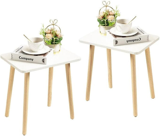 FORAOFUR White End Tables Set of 2, Small Side Tables Accent Tables Living Room, Boho Side Table with Wooden Legs, Easy Assembly