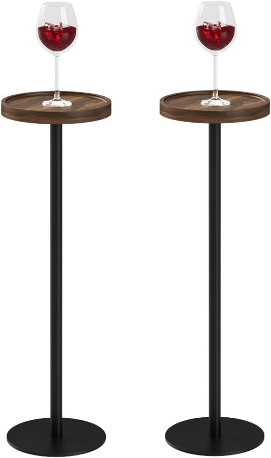 Drink Table, Small Pedestal Side Table, Round Cocktail Table, Circle Accent End Table with Metal Base, for Small Spaces (2, Brown Walnut)