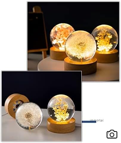 Flower Crystal Ball Night Light,2.4 inch Glass Ball Night Lamp with Woodern Base (Red Daisy)