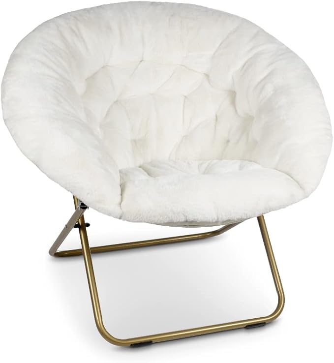 Milliard Saucer Chair For Adults, Teens & Kids, White, Faux Fur XL Circle Chair for Bedroom, Dorm & Gaming, Foldable Comfy Accent Seat for Small Spaces, Folding Moon / Mushroom / Round Oversized Style