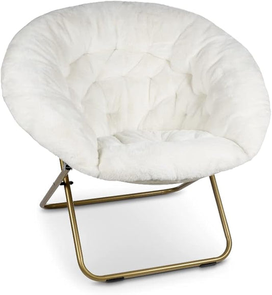 Milliard Saucer Chair For Adults, Teens & Kids, White, Faux Fur XL Circle Chair for Bedroom, Dorm & Gaming, Foldable Comfy Accent Seat for Small Spaces, Folding Moon / Mushroom / Round Oversized Style