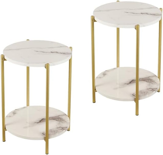 2 Tier Round Side Table, Folding End Tables Coffee Table Simplistic Sofa Table Waterproof Removable Tray Table Indoor Outdoor Accent Table for Living Room Bedroom (Faux Marble White, 2pcs)