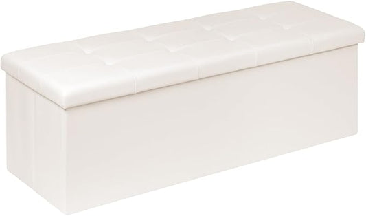 PINPLUS Folding Storage Ottoman Bench with Tray, 43.3inches Faux Leather Long Storage Chest Footrest Seat, Coffee Table, Foot of Bed Storage Bench for Living Room Bedroom, Beige
