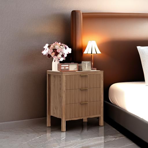 End Table with Storage, Wooden Farmhouse Nightstands with 3 Drawers, Bedside Table - Boho Tall Side Table Accent for Bedroom, Living Room, Walnut