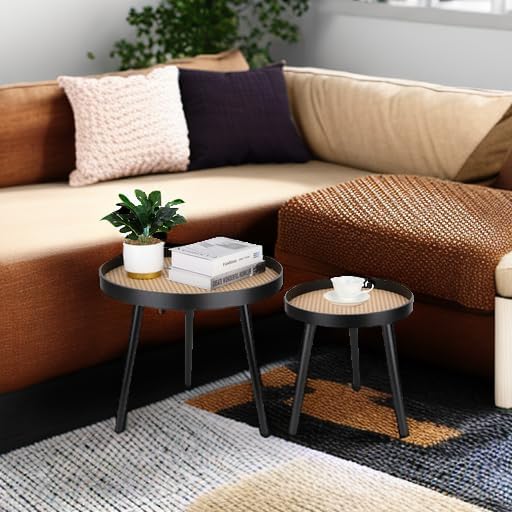 Rattan Round Side Table, Black Small End Table, Accent Table, Modern Boho Bedside Table, Mid-Century Patio Side Table, End Tables for Living Room Bedroom Office Balcony