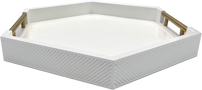 Serving Tray with Polished Metal Handles, Hexagon Coffee Table Tray, Modern Rectangle Decorative Tray, Large Ottoman Tray, Perfect for Storage and Display (White Hexagon)