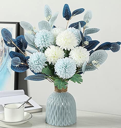 Artificial Flowers and Vases,Fake Hydrangea with Eucalyptus Bouquet Combination, Realistic Dining Table, Living Room Home Decoration （Blue）