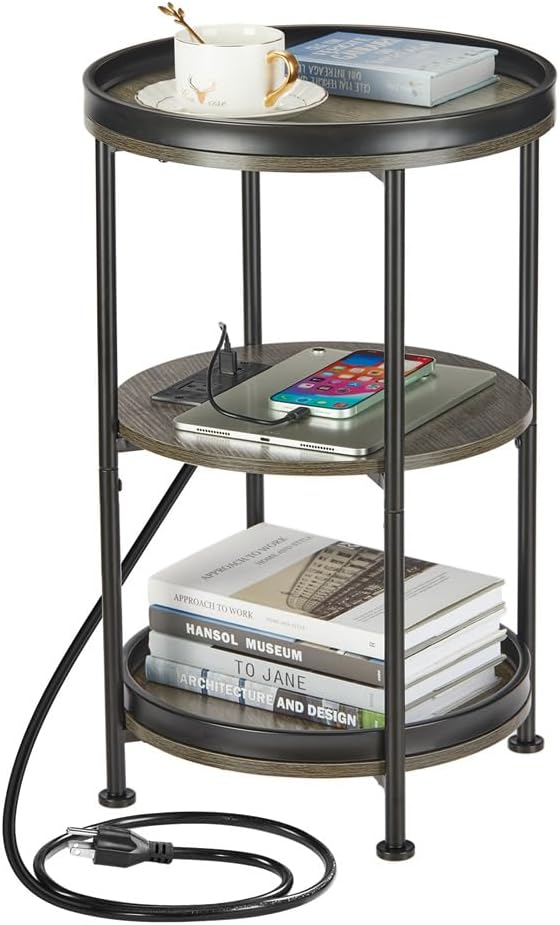 Dulcii Round Side Table with Charging Station, End Table with 3 Shelves for Living Room, Bedroom Nightstand with Steel Frame for Small Spaces, Industrial Round Sofa Table (USB+Grey)