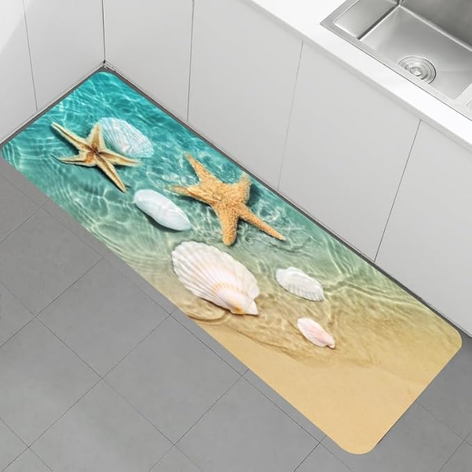 Bath Rugs Sponge Foam Absorbent Soft for Bathroom and Kitchen (23.5x59 inches), Flannel Mat Non Slip Bright 3D Print for Bedside and Living Room(Scallop Starfish)