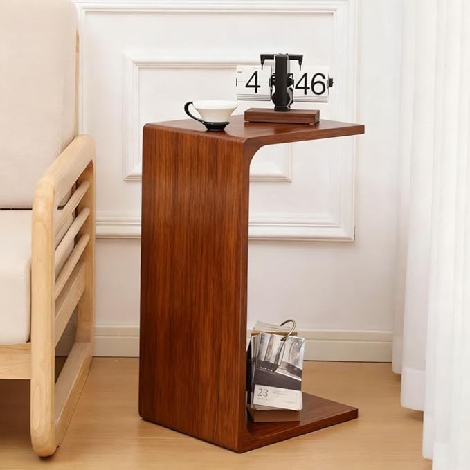 CHSSIH C Shaped End Table for Couch - Wooden Sofa Side Table, Slide Under Couch Table for Living Room, Bedroom, Laptop, Coffee, Small Space Narrow Furniture, Walnut